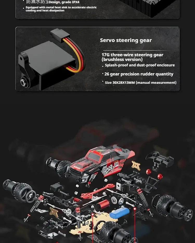 High-speed 4WD RC truck components including servo steering gear and detailed parts for optimal performance.