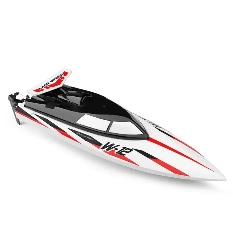 WLtoys 2.4G WL912-A RC Boat in sleek black and white design showcasing high-speed racing features.