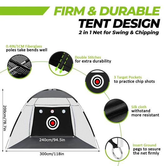 Image showing the Professional Golf Practice Net with a firm and durable tent design featuring three target pockets for swing and chipping.