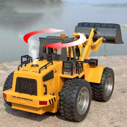 HUINA 1560 RC bulldozer with realistic details and 2.4G remote control, showcasing strong metal build and crawler design.