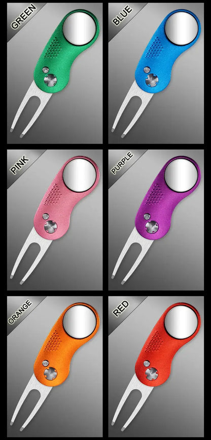 Various colors of Metal Foldable Golf Divot Repair Tool including green, blue, pink, purple, orange, and red.