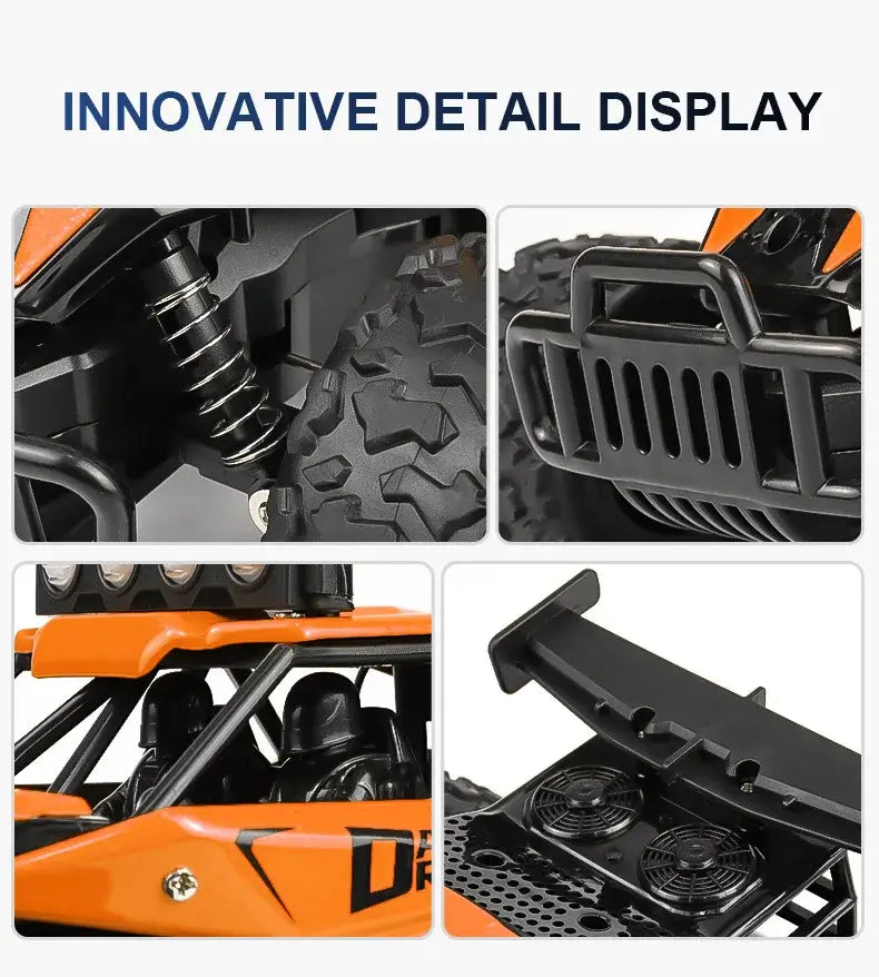 Innovative detail display of 116 RC Car Remote Control Car showcasing suspension, rugged tires, and realistic cockpit.