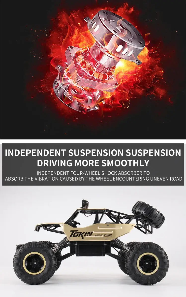 RC Car Remote Control Climbing Vehicle with independent suspension for smooth driving on uneven roads.