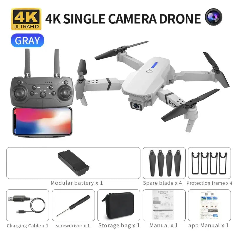 professional mini drone with obstacle avoidance, 4K single camera drone with controller and accessories in gray color.