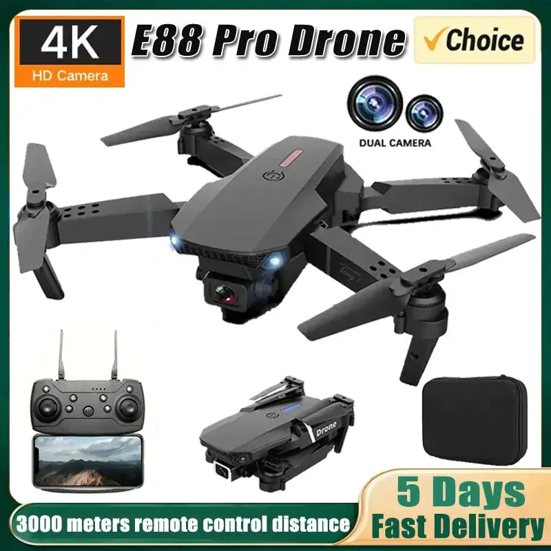 4K dual camera RC drone featuring E88 Pro Drone with remote control, 3000 meters range, and foldable design.