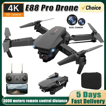 4K dual camera RC drone featuring E88 Pro Drone with remote control, 3000 meters range, and foldable design.