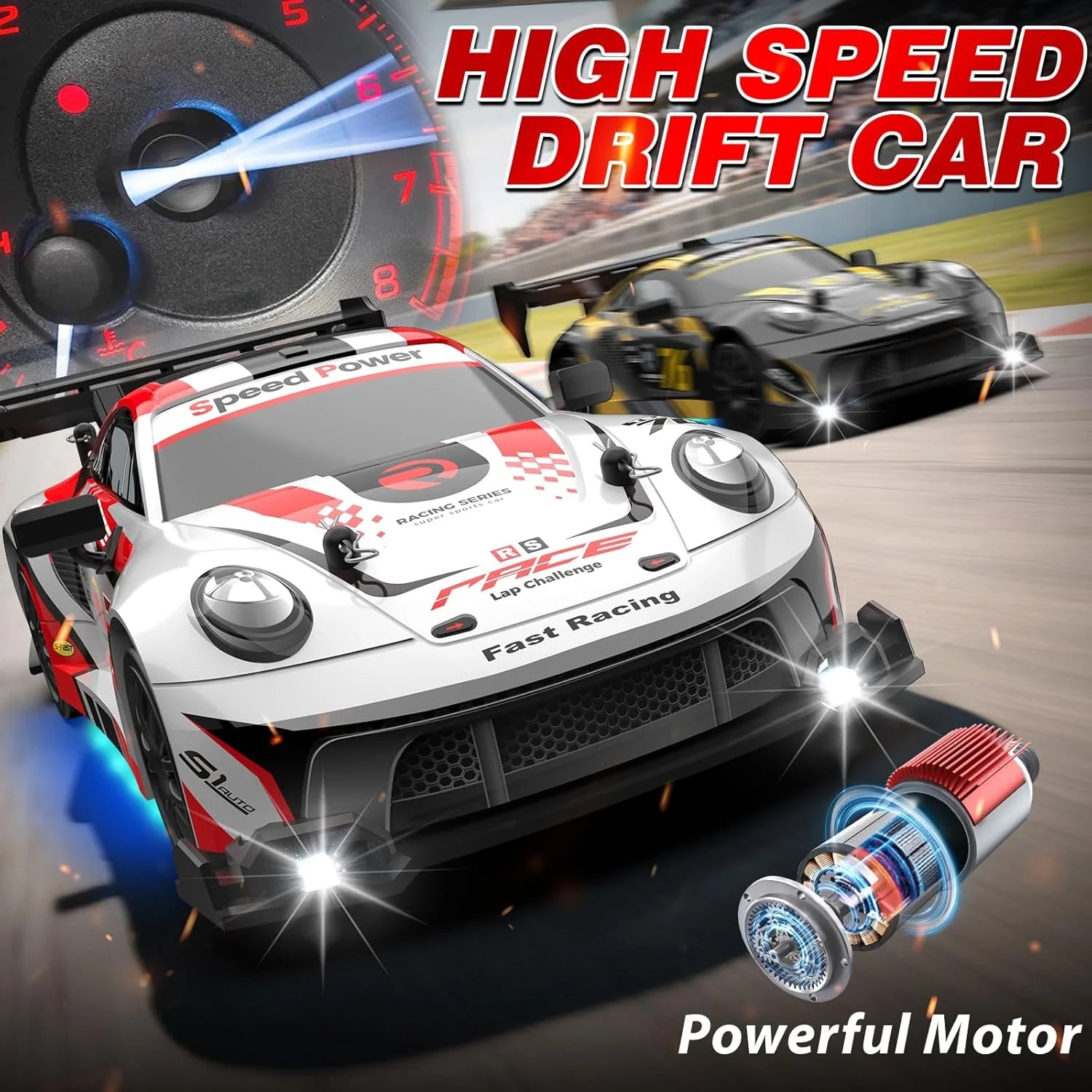 RC drift cars for kids with high speed and powerful motor racing on a track.
