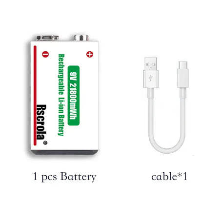 Rscrola 21800mWh 9V Lithium Rechargeable Battery with Type-C cable for various devices