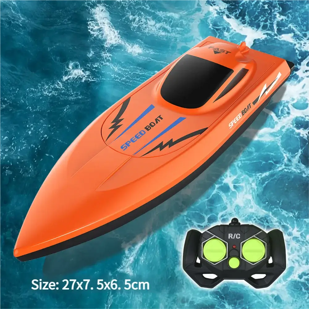 2.4G Remote Control Speed Boat for Kids with remote, vibrant orange color, size 27x7.5x6.5cm, perfect for water play.