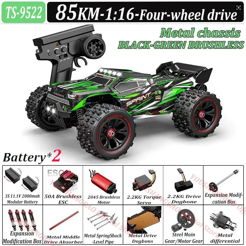 RC Car 80 Kilometers or 50 Kilometers with metal chassis and four-wheel drive features in black and green color.