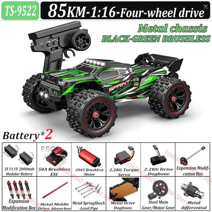 RC Car 80 Kilometers or 50 Kilometers with metal chassis and four-wheel drive features in black and green color.