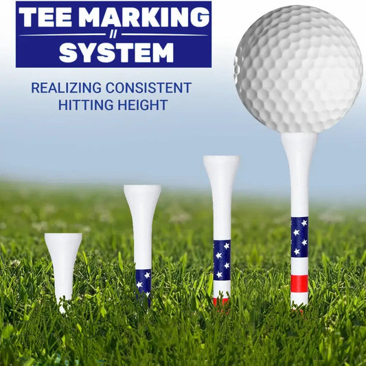 American flag bamboo golf tees in a tee marking system showcasing different heights on a grassy field.