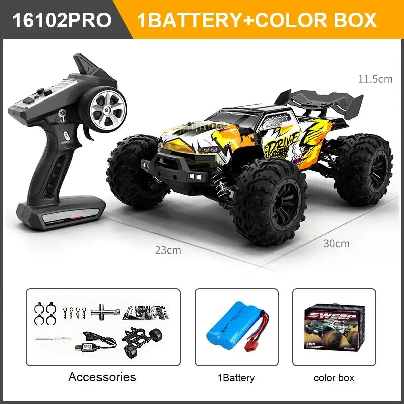 High Speed RC Car 4WD with remote control, accessories, and battery, designed for off-road performance.