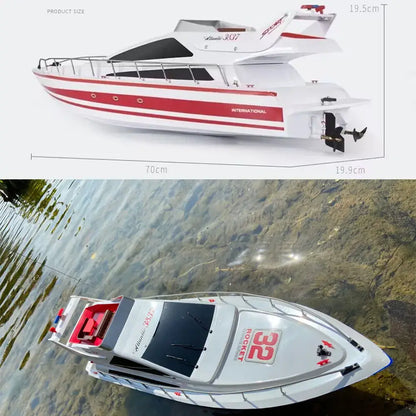 Super large remote control yacht displayed on water surface, showcasing its large hull and detailed design, perfect for outdoor lakes.