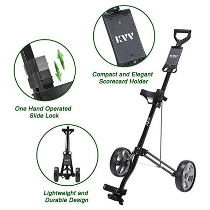 2-wheel aluminum frame golf push cart with scorecard holder and slide lock, showcasing its lightweight and durable design.