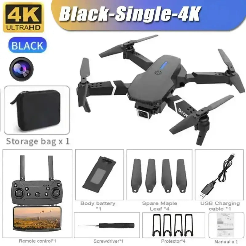 New E88 RC Drone features a 4K camera and remote control, showcasing its advanced aerial photography capabilities.