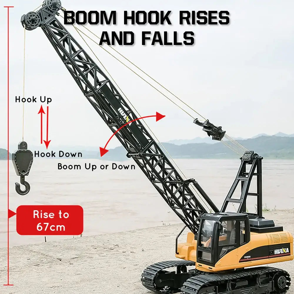 HUINA 1 14 RC Truck Crawler in action, showcasing boom hook rises and falls functionality, with height rise to 67cm.