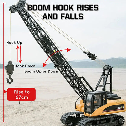 HUINA 1 14 RC Truck Crawler in action, showcasing boom hook rises and falls functionality, with height rise to 67cm.