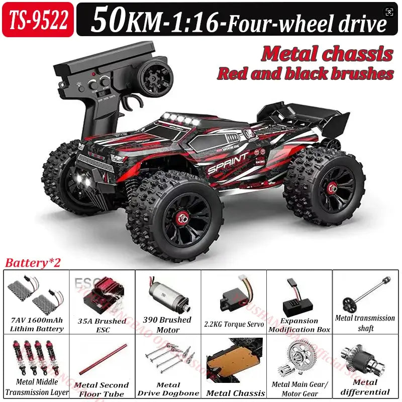 RC Car 80 Kilometers or 50 Kilometers Per Hour with metal chassis and remote control, featuring 4WD and LED lights.