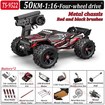 RC Car 80 Kilometers or 50 Kilometers Per Hour with metal chassis and remote control, featuring 4WD and LED lights.