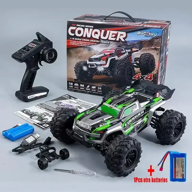 WLtoys 1:16 scale RC car with remote control, batteries, and accessories displayed on table.