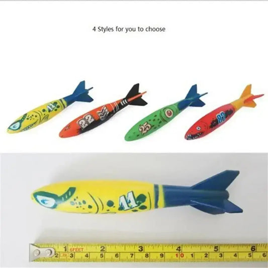 4 colorful styles of underwater throwing toy for kids, including torpedo shapes for swimming pool fun.