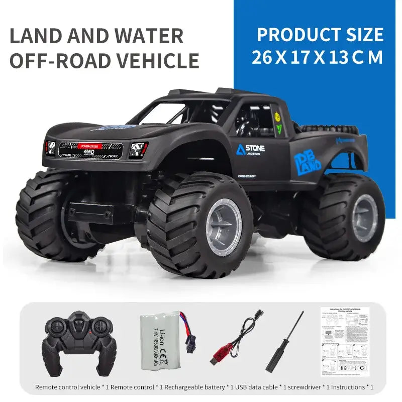 Four-wheel Drive Remote Control Car in black, showcasing off-road capabilities, with controller and accessories.
