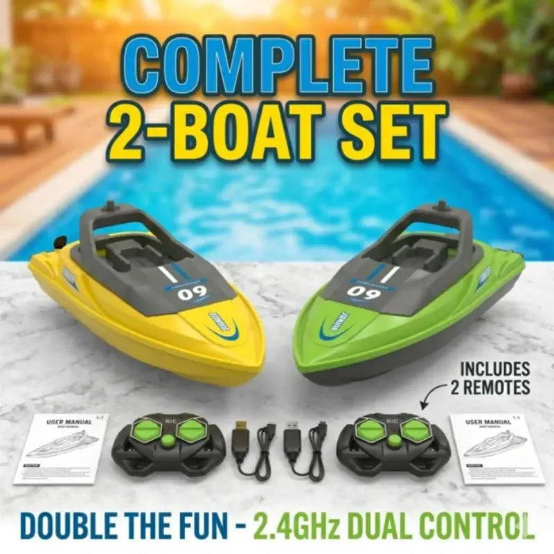Complete 2-boat set featuring waterproof high-speed RC boat for kids with dual remotes for ease of control.
