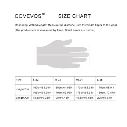COVEVOS size chart for all weather golf gloves showing hand measurements and sizes S, M, ML, L.