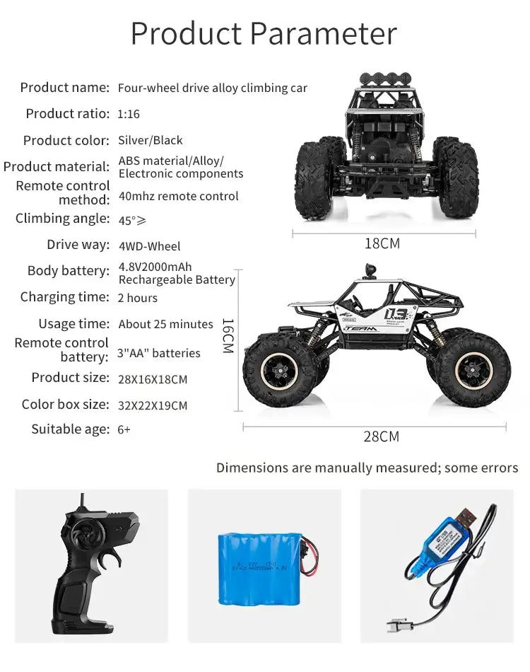 RC Car Remote Control Climbing Vehicle product specifications with remote, battery, and climbing features.