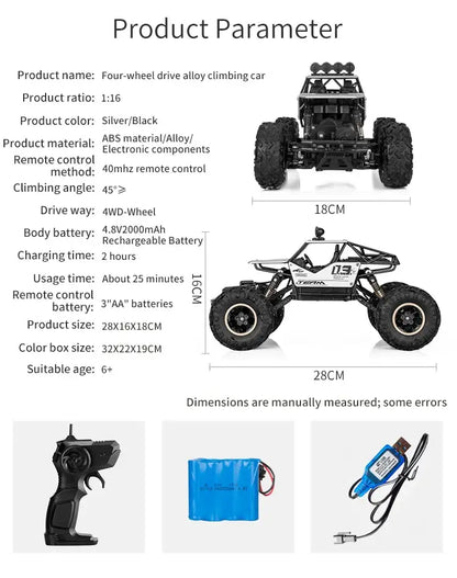 RC Car Remote Control Climbing Vehicle product specifications with remote, battery, and climbing features.