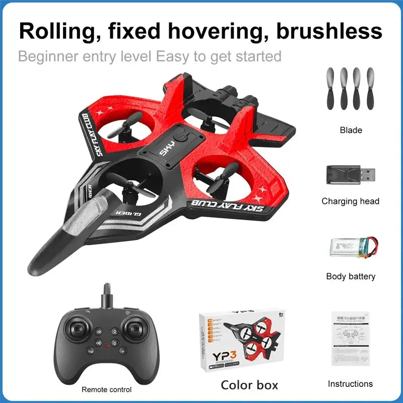 YP3 foam aircraft drone with remote control and accessories, perfect for beginners and indoor/outdoor use.