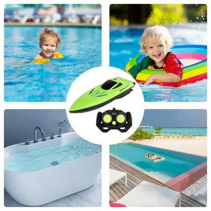 Kids enjoying water play with 2.4G Remote Control Speed Boat among swimming pool, bathtub, and beach scenes.
