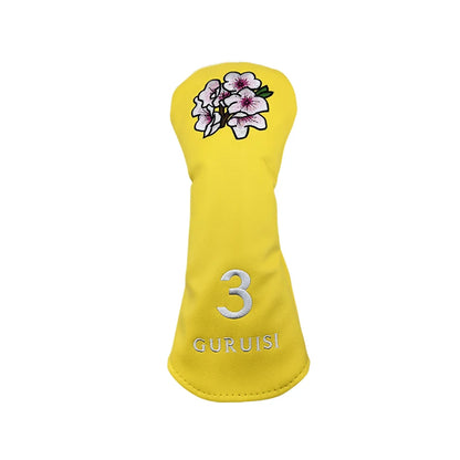 flower embroidery golf club head covers for driver and fairway woods, featuring yellow design with floral embroidery.