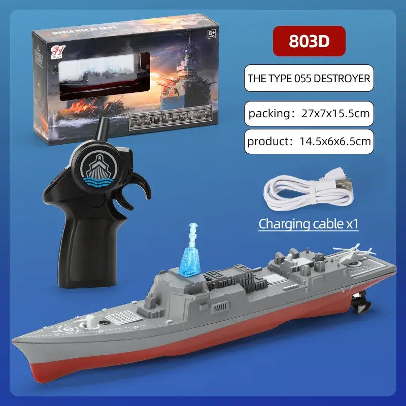 High-Speed Remote Control Ship grey simulation warship with controller and charging cable, Type 055 Destroyer model.