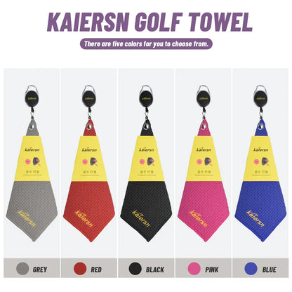 Kaiersn Park golf Towel in five colors: grey, red, black, pink, and blue for golf cleaning.