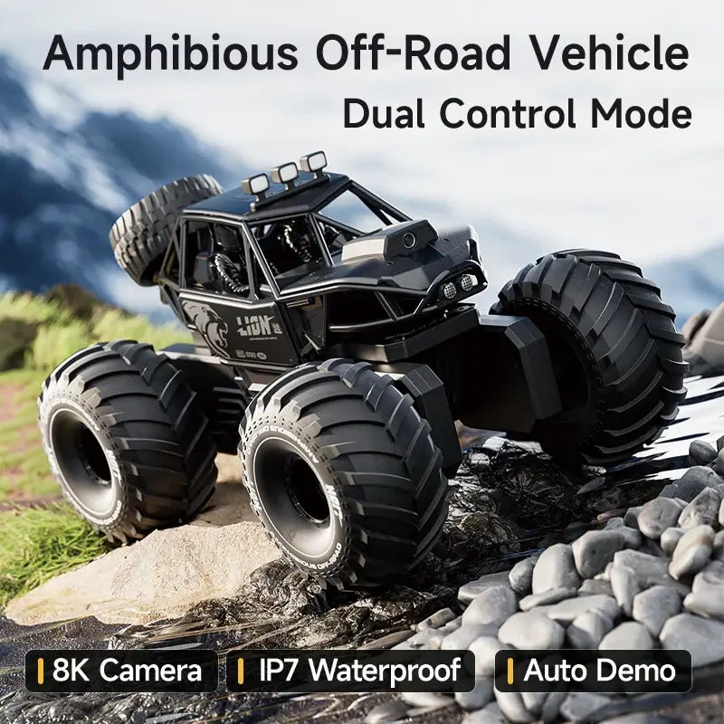 Amphibious remote control car for kids 4DRC New Y10 shown in an outdoor setting with water and grass.