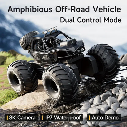 Amphibious remote control car for kids 4DRC New Y10 shown in an outdoor setting with water and grass.