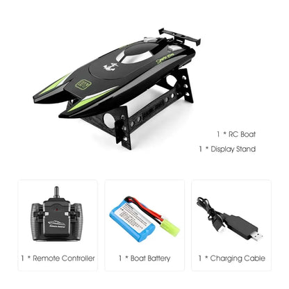 Radio RC Boat 30Kmh Racing Boat High Speed with remote controller, boat battery, charging cable, and display stand.