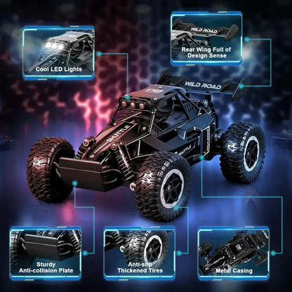116 RC Car Remote Control Car with LED lights, sturdy anti-collision plate, thickened tires, and metal casing.