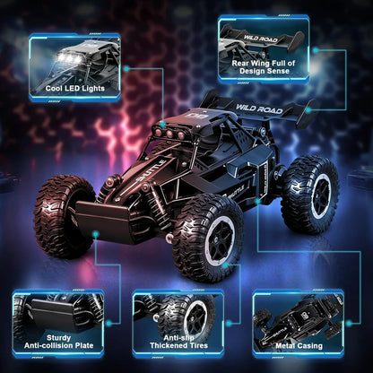 116 RC Car Remote Control showcasing cool LED lights, sturdy anti-collision plate, and thickened tires for great performance.