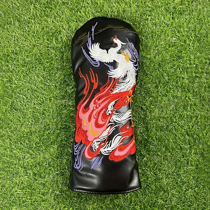 1pc Faux Leather Golf Club Head Cover with Phoenix Embroidery on green grass background