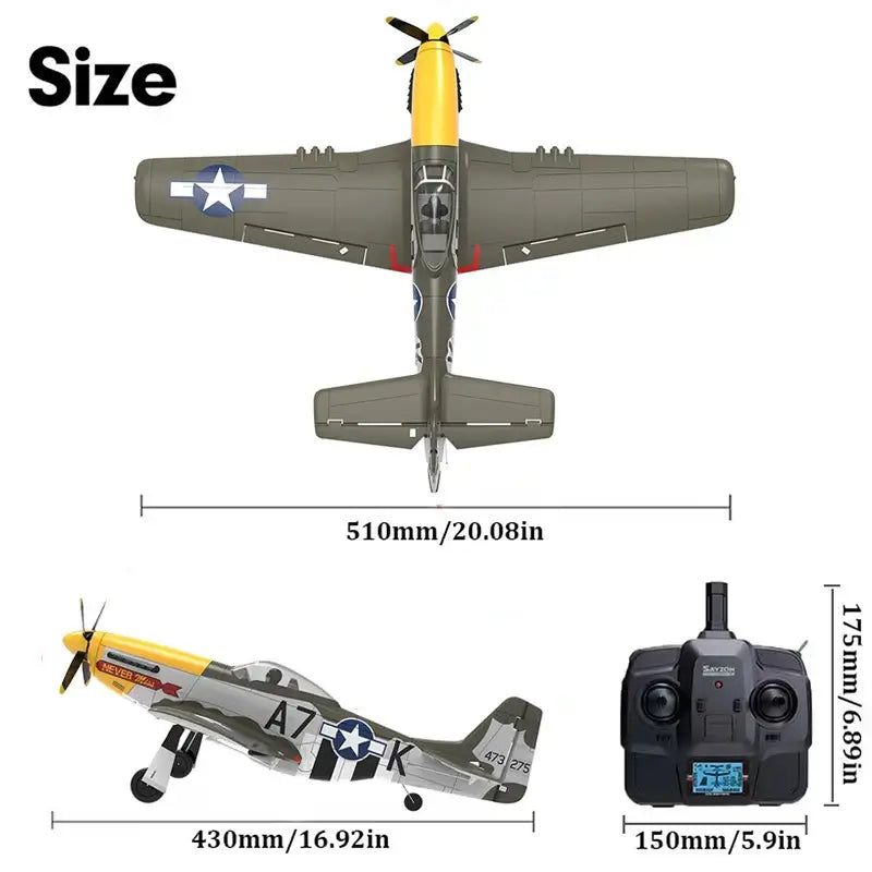 RC Airplane P51D Mustang RTF RC Plane 5CH 3D/6G Fixed-wingRC Airplane P51D Mustang RTF Experience authentic aerobatic flight with this 5-channel RC plane featuring dual flight modes—3D for aggressive maneuvers and 6G for stable, beginner-friendly control.