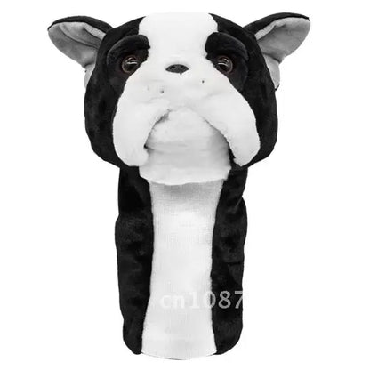 Cartoon Animal Golfing Club Cover featuring a plush black and white bulldog design, ideal for golf enthusiasts.