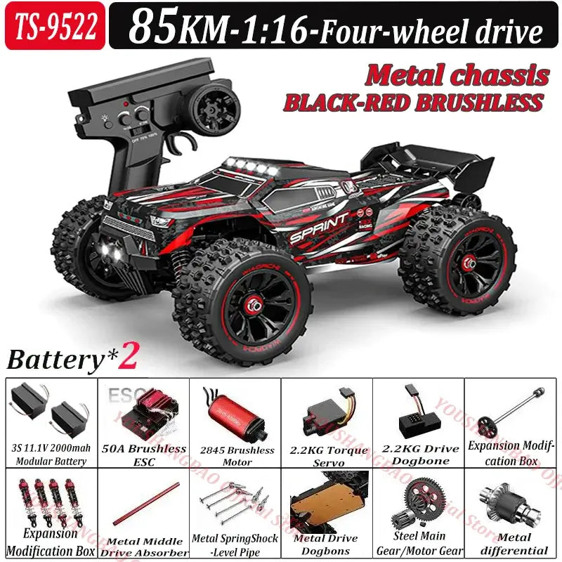 RC Car 80 Kilometers or 50 Kilometers with metal chassis and remote control, showcasing components and features.