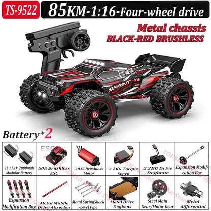 RC Car 80 Kilometers or 50 Kilometers with metal chassis and remote control, showcasing components and features.