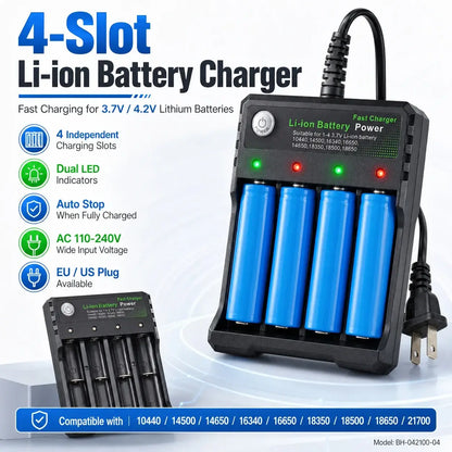 Battery Charger 4 Slots AC for charging 18500 and other lithium-ion batteries with dual voltage capability.