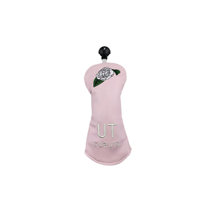 Flower embroidery golf club head covers for utility clubs in pink with delicate flower design.