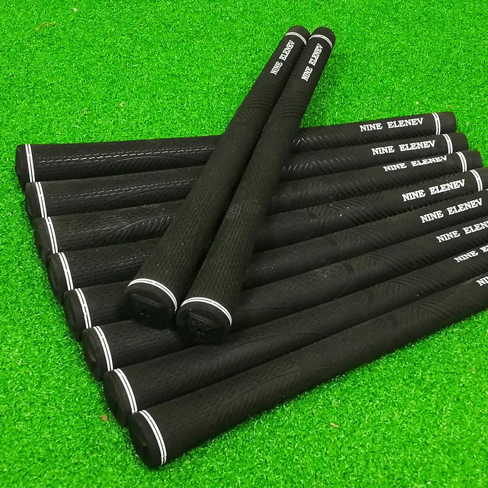 10 pcs Golf grips arranged on green turf, featuring anti-slip pattern for improved control and performance.