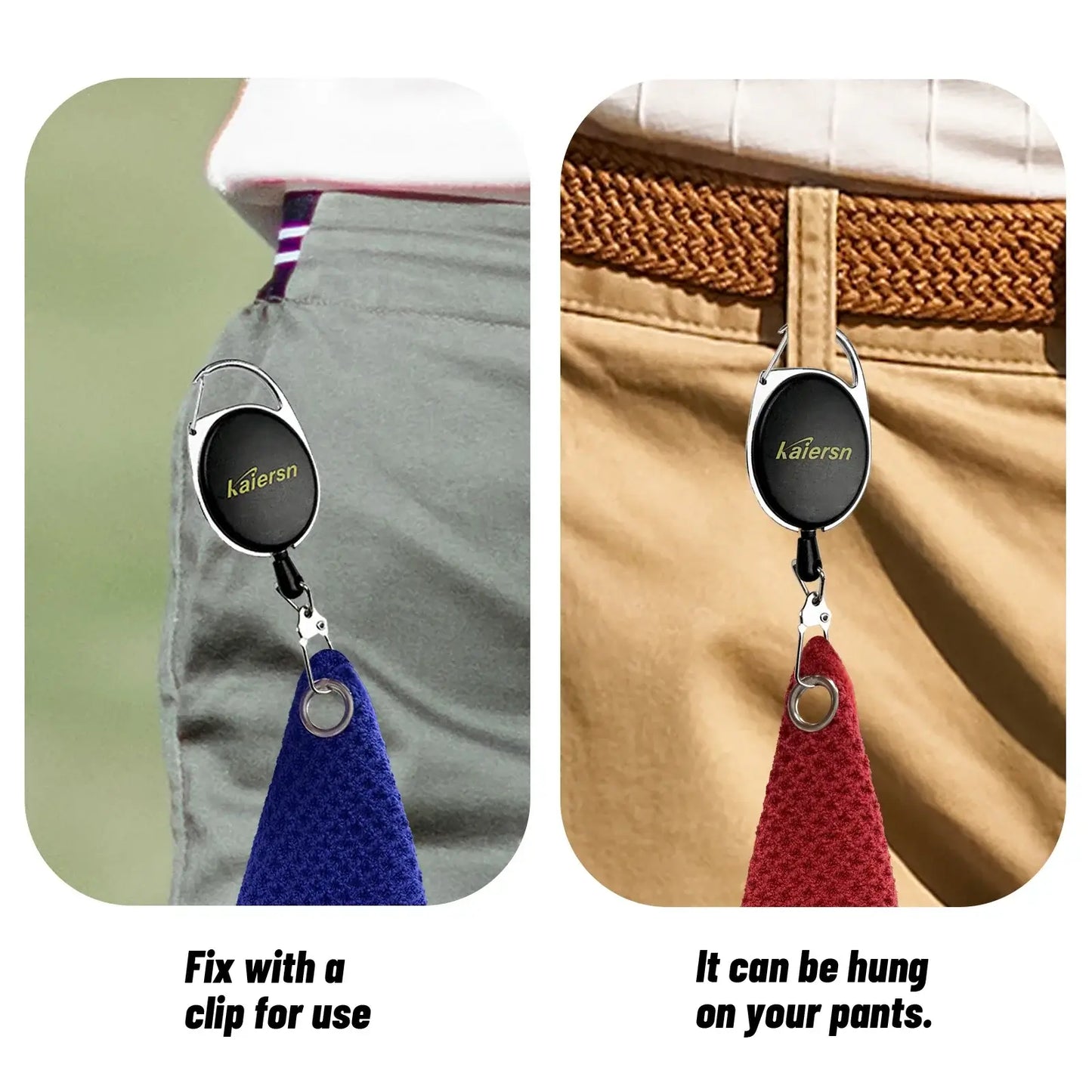 Kaiersn Park golf Towel with clip for easy attachment to pants for convenient use.